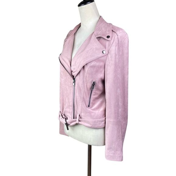 BB Dakota Blush Pink Faux Suede Asymmetrical Zip Belted Biker Moto Jacket - Picture 3 of 14